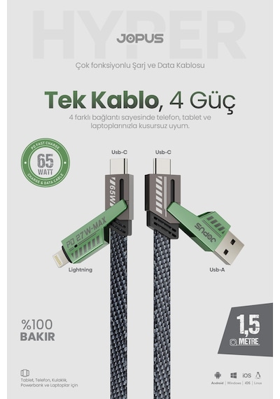 4in1 65w Pd Hızlı Şarj Kablosu İphone Android Uyumlu Type C Lightning Kumaş Örgü Data Pro 1.5 Metre -