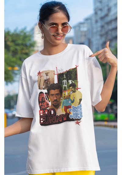 Bad Bunny Rapper Şarkıcı Baskılı Unisex Oversize Tişört Beyaz