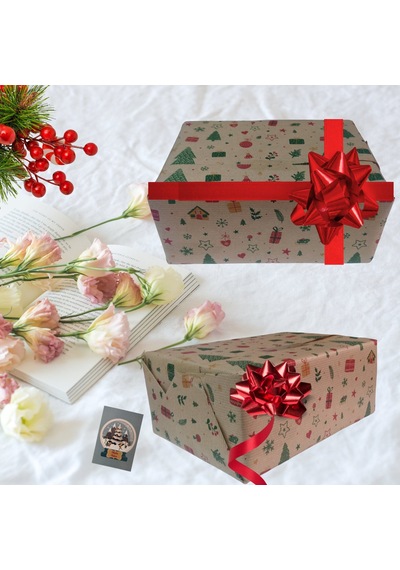 İtalyan Hediye Paketleme Kağıdı, Kraft Ev, Çam, Çiçek Desenli Amb