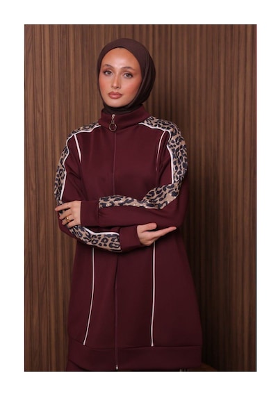 Günlük Moda Kadın Tesettür Eşofman Takımı 2 Li Leopar Detaylı Bordo