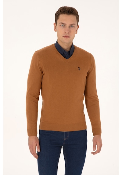 U.S. Polo Assn. Erkek Slim Fit V Yaka Camel Basic Triko Kazak 50313662-VR233