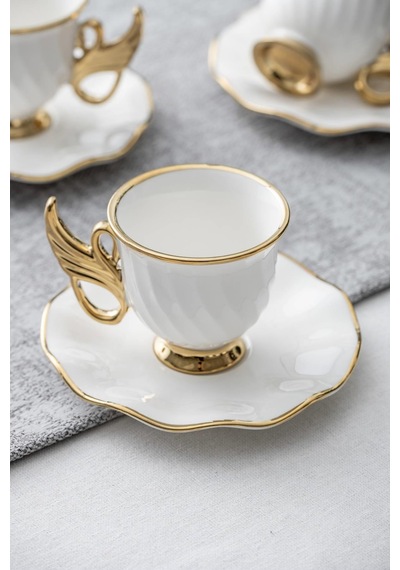 Jade 6 Kişilik Kahve Fincanı Takımı - 90 Ml Beyaz - Gold