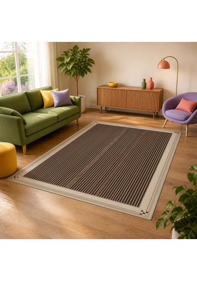 Kartela Halı İnce Çizgili Bordürlü Halı Kahverengi Kaymaz Taban Makinede Yıkanabilir 200x300 Cm