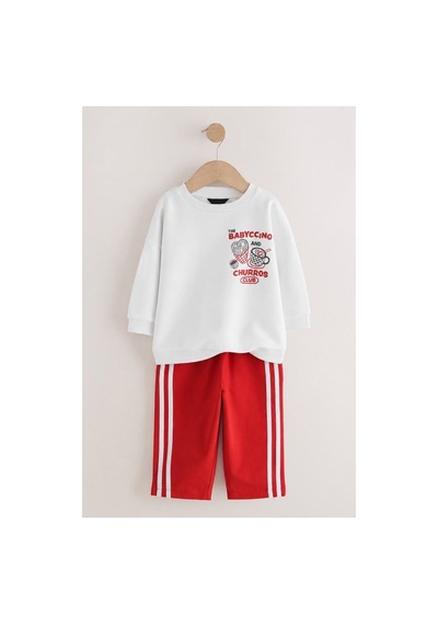 Churros Baskılı Sweatshirt & Eşofman Krem Kırmızı Alt Üst Takım 3 İplik Süper Kalite