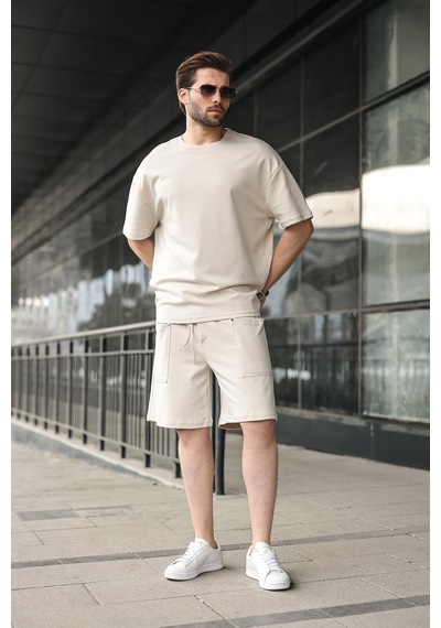 Madmext Taş Rengi Bisiklet Yaka Oversize Erkek Şort T-shirt Takım E7355 Taş Rengi