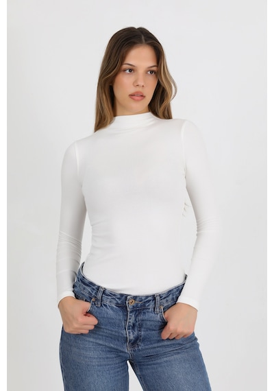 Hdm Kadın Ekru Yarım Balıkçı Fitilli Modal Pamuk Uzun Kollu Bluz - H6173