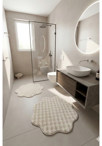 Bubble Papatya Banyo Paspası 2'li Set Pofuduk Yumuşak Peluş Kaymaz Taban Dekoratif Banyo Halısı Krem