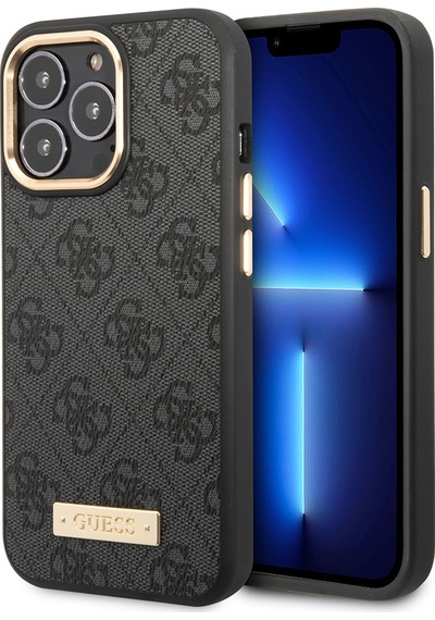 Apple Uyumlu iPhone 15 Pro Max Kılıf Guess Lisanslı M-safe 4g Desenli Pu Metal Plaka Logolu Siyah Siyah