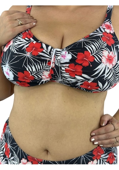 Büyük Beden Kırmızı Çiçek Desenli Tül Detaylı Kapsız Telli Yüksek Bel Kadın Bikini Takım Büyük Beden Kırmızı Çiçek Desenli Tül Detaylı Kapsız Telli Yüksek Bel Kadın Bikini Takım