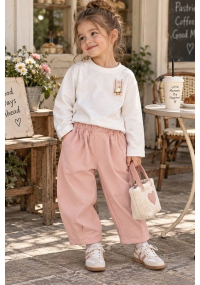 Defy Kız Çocuk Ördek Baskılı Penye Ve Gabardin Pantolon Takım Ekru