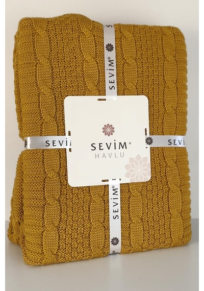 Sevim Çift Kişilik Ponponlu Triko Örme Battaniye - Yumuşak Doku & Şık Tasarım - Mint Yeşili - 220x240 Cm Hardal Hardal