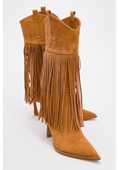 Luvishoes Luvi Shoes Gueras Taba Süet Püsküllü Sivri Burun Kadın Topuklu Çizme Taba