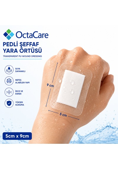 Octacare Su Geçirmez Pedli Şeffaf Pu Film Steril Yara Örtüsü 5cmx 9cm 100 Adet