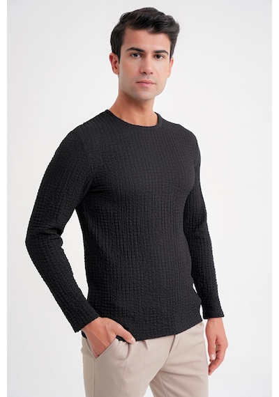 Efor Slim Fit Esnek Pamuklu Dokulu Kumaş Uzun Kollu Siyah Tişört Ts 934