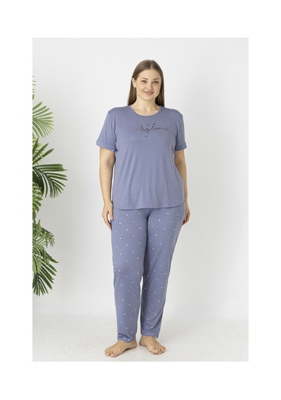 Estiva Kadın Puantiye Alt Desenli Kısa Kollu Soft Battal Pijama Takımı LİLA