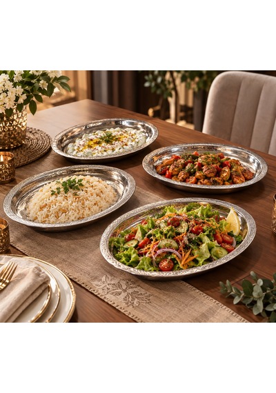 430 Kalite Krom Çelik 3 Adet İşlemeli Kayık Tabak 27 Cm El Yapımı Pilav Ve Salata Sunum Tabağı