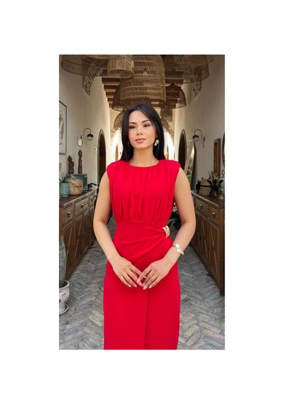Moda Banuş Kırmızı Vatkalı Bel Detaylı Uzun Elbise-dar Kalıp