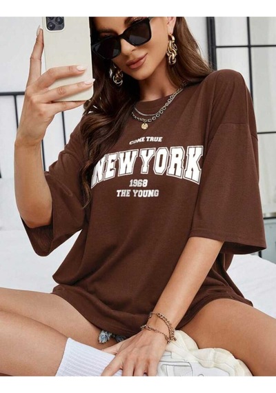 Noıssey Kahverengi New York Baskılı Oversize Unisex