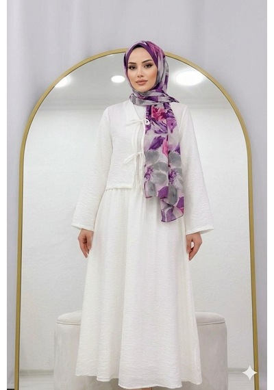 Lovie Moda Müslin Dokulu Bağlamalı Etekli Takım Beyaz