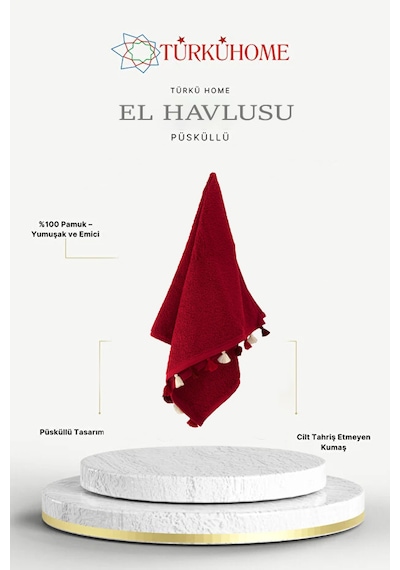 Püsküllü Yumuşak Pamuk Havlu Yüksek Emicili El Havlusu 50x90 Cm Kırmızı