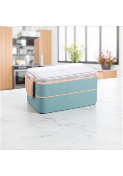 Titiz Fely 2 Katlı Öğle Yemeği Kabı - Çatal Kaşık Dahil - Sızdırmaz & Kilitli Lunch Box-mavi Çok Renkli