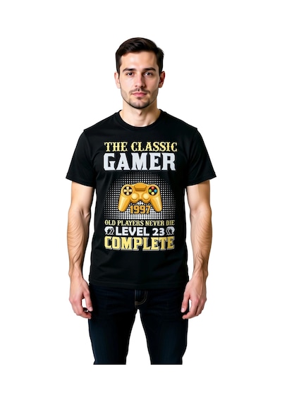 Paybuy Erkek Retro Oyun Kontrolörü Baskılı Tişört Level Nostalji Konforl Siyah