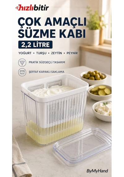 Bymyhand Plastik Çok Amaçlı Süzme Kabı Turşu Zeytin Peynir Yoğurt Süzme Kabı 2,2 Lt. Şeffaf