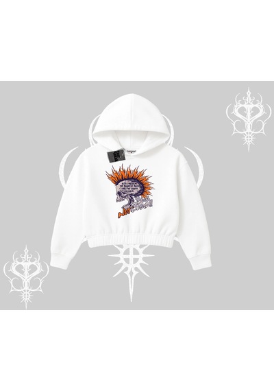 Kapşonlu Crop Sweatshirt Burning Skull Rebel Street Anthem Beyaz