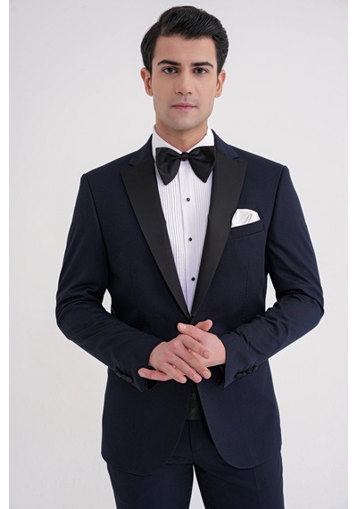 Slim Fit Fleto Cep Çıkarılabilir Saten Yaka Düz Lacivert Damatlık Smokin Takım Altro 032 Lacivert
