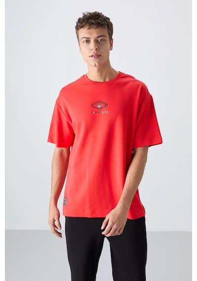 Tommy Life Fiesta Pamuklu Kalın Yumuşak Dokulu Oversize Fit Baskılı Erkek T-shirt - 88325 Kirmizi