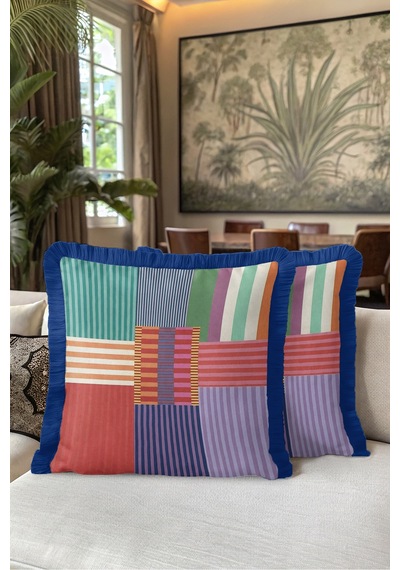 Geometrik Çizgili Modern Saçaklı Yastık Kılıfı - Patchwork Mint Lacivert Püsküllü Kırlent Kılıfı Altın