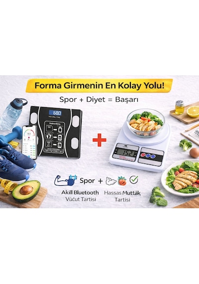 Akıllı Dijital Vücut Tartısı + Hassas Mutfak Tartısı Seti Lcd Ekran 180 Kg / 10 Kg Beyaz