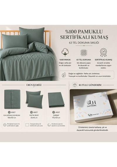 Lief Home %100 Pamuklu Sertifikalı Bebek Nevresim Takımı 100x150 63 Tel Dokuma Kutulu Gönderim Yeşil
