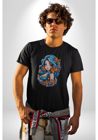 Deniz Kızı Deniz Yıldızı Mavi Saçlı Unisex Unisex Siyah Organik Baskılı T-shirt Penye Yüksek Kalite Siyah