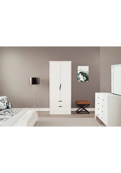 Moderno Mini 2 Kapaklı 2 Çekmeceli Gardırop Kompakt Tasarım, Modern Görünüm Beyaz