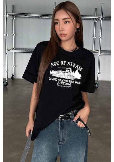 Unisex Age Of Steam Baskılı Tasarım Tshirt Siyah