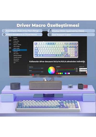 Aula F99 Mekanik Rgb Graywood V4 Switch 3 Modlu Kablosuz Makrolu Hot Swap Türkçe Q Klavye Mavi