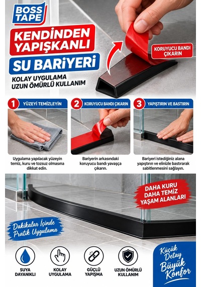 Kendinden Yapışkanlı Su Bariyeri Siyah 2 Metre 15 Mm Esnek Duşakabin Su Tutucu Bant Su Bariyeri