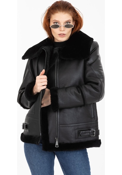 M M Marki Marki Kadın Siyah Vintage Deri Mont, Siyah Kürklü, Balıkçı Yaka, Oversize Model - 105222