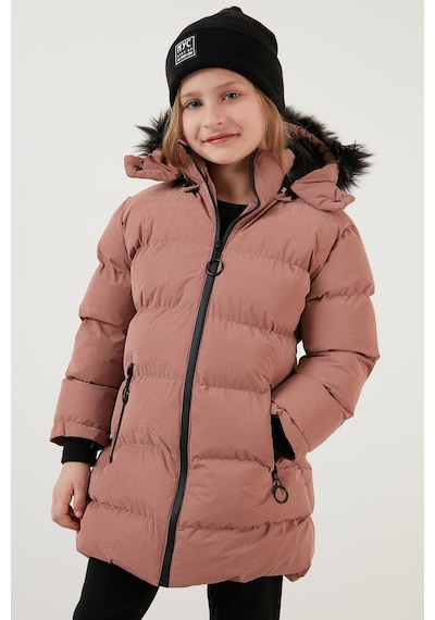 Lela Yakası Suni Kürklü Peluş Astarlı Çıkarılabilir Kapüşonlu Dar Kesim Kışlık Kız Çocuk Mont 5760002 Pudra