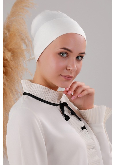 Melodi Scarf Tesettür Geçmeli Bağcıklı Viskon Likralı Bone Ekru Ekru
