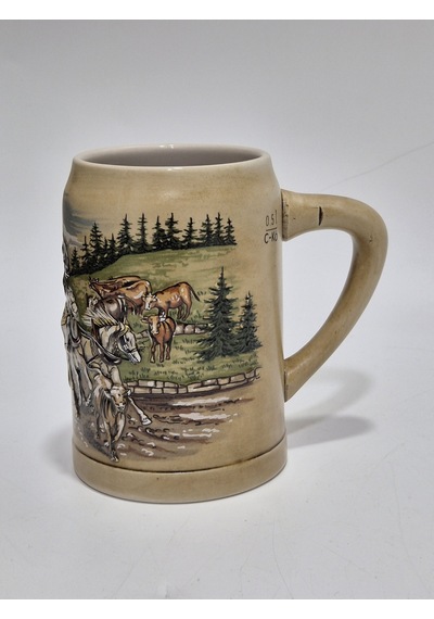 Vintage Tankart Kabartmalı At Arabası Doğa Figürlü Alman Seramik Bira Bardağı 14cm 001