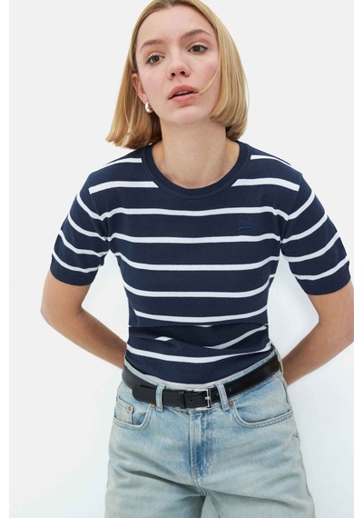 Mısha Lacivert Çizgili Bisiklet Yaka Triko Nakışlı Standard Fit Kadın Tshirt Lacivert