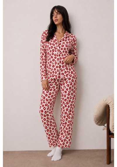 Fit Women Kadın Uzun Kollu Düğmeli Alt Üst Uyku Kırmızı Pijama Takımı