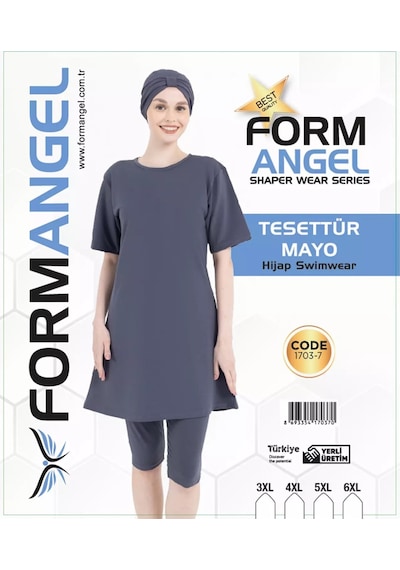Form Angel Kadın Düz Renk Büyük Beden Kısa Kollu Likralı Tesettür Mayo Füme