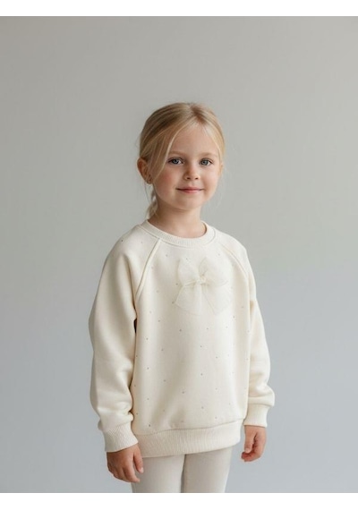 Zekids Kız Bebek Pamuklu Taşlı Fiyonk Detaylı Oversize Tasarım Sweatshirt-16558 Krem