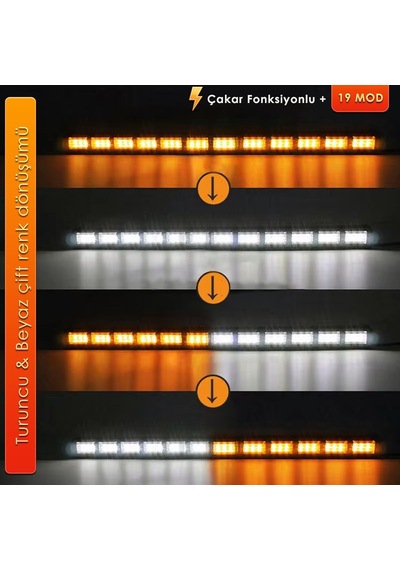 Cama Çakar Beyaz Turuncu Led Flaş Çakmaklık Girişl 114 Cm 19 Mod Araç İçi Ön Arka Cam Araç Dışı Tepe Izgara