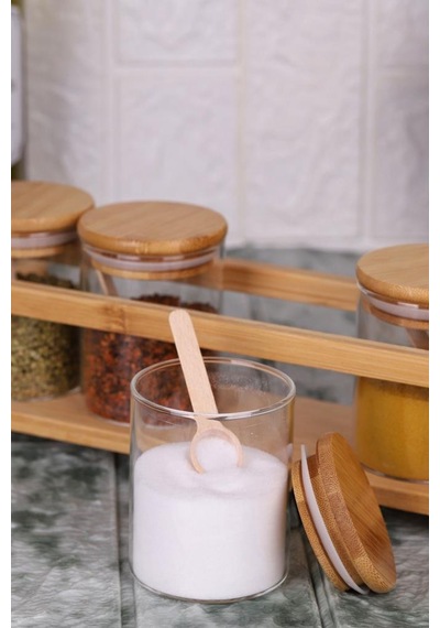 Bambu Silikonlu Kapaklı Borosilikat Cam Standlı Baharatlık - 250 Ml Baharat Takımı 13 Parça Kahverengi - Şeffaf