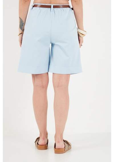 Lela Pamuklu Loose Fit Pileli Kemerli Bermuda Şort Bayan Şort 668yp5439 Mavi