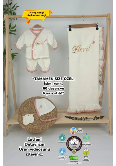 Gros Shop Müslin Yeni Doğan 4katlı Organik %100pamuk Kişiye Özgü Nakışlı Hastane Çıkış Seti Pudra Biyeli-1 Ekru